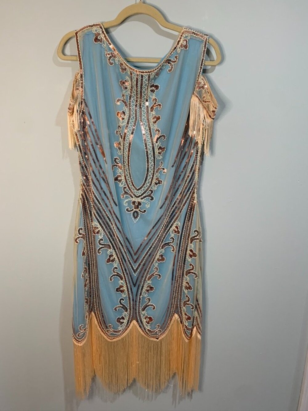 1920s Style Flapper Dress Beaded Fringe Blue Art Deco Gatsby Size XXXL